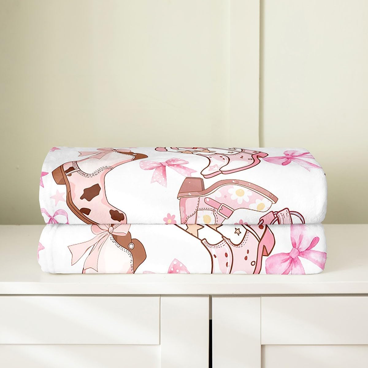 Feelyou Cowgirl All Season,Bed Blanket Set Pink Bowknots Plush Throw Blanket, for Sofa Couch Kids Western Cowboy Boots Flannel Fleece Blanket Dreamy Princess Bow Bedroom Collection 40"x50"