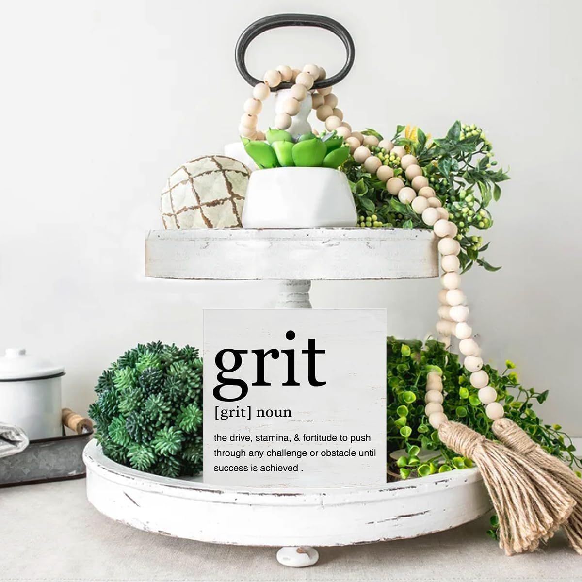Inspirational Grit Definition Art Wooden Box Sign Grit Minimalist Desk Decorative Wooden Sign Home Office Decor for Table Shelf 5 x 5 Inches