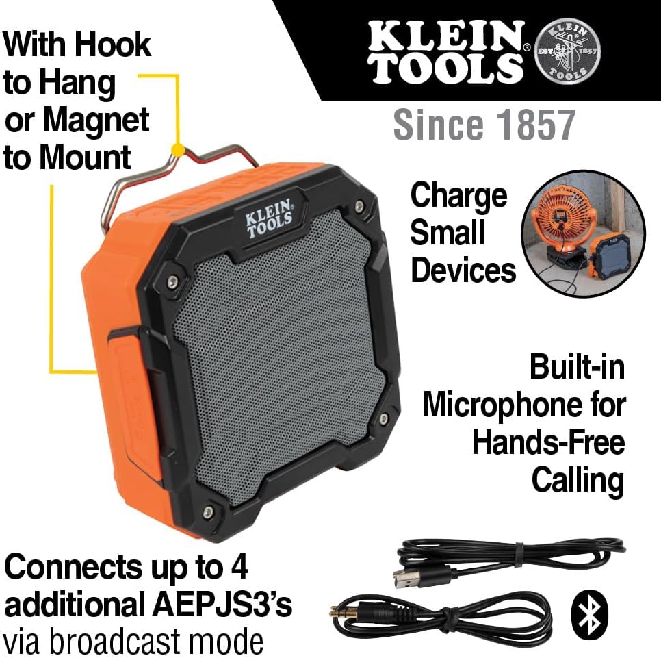 Klein Tools AEPJS3 Bluetooth Jobsite Speaker With Magnet and Hook, 20-Hr Run Time, Charge Via USB A or C, Pair Multiple Speakers via Broadcast, Hands Free Capable