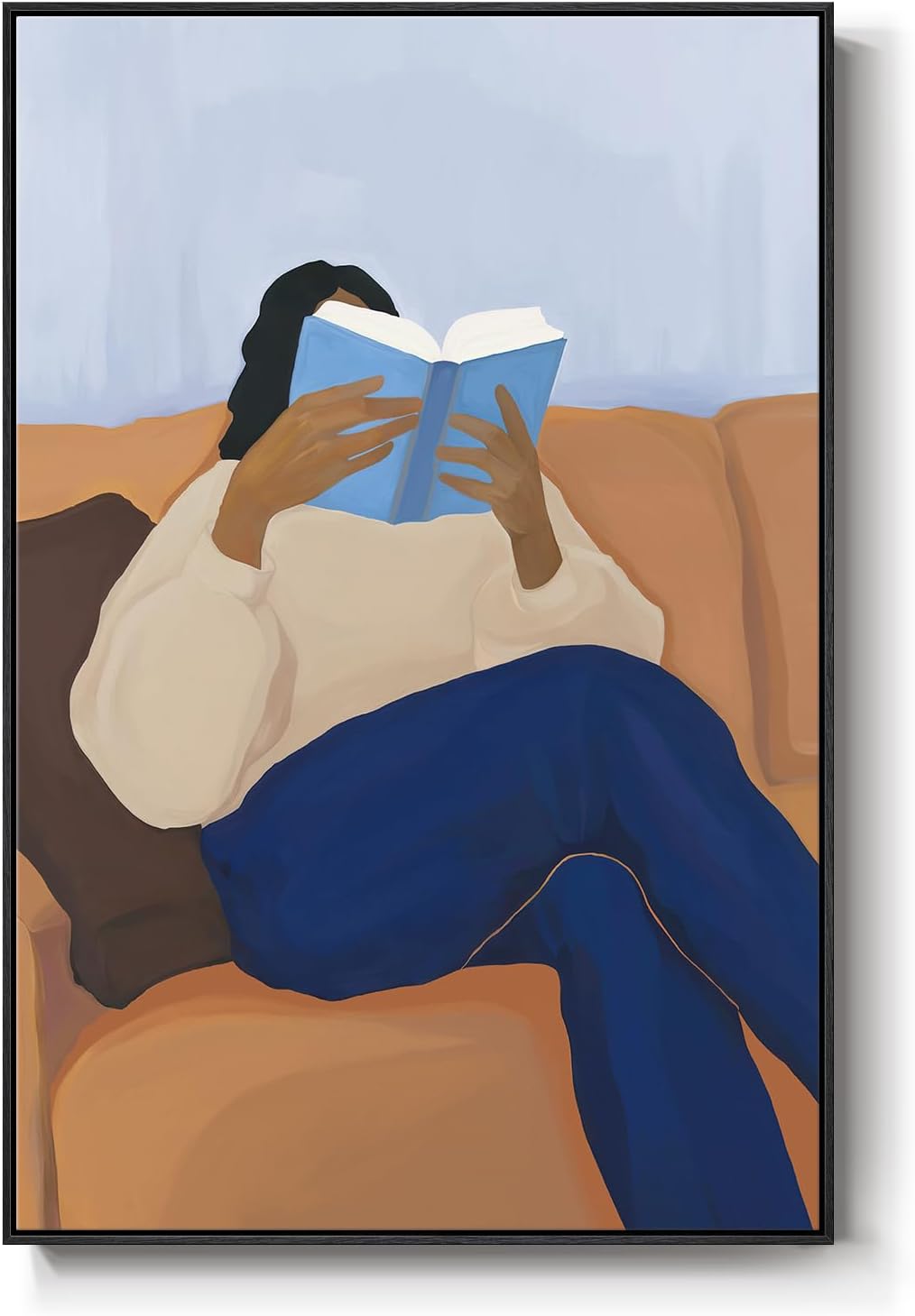 Framed Black Woman Reading Wall Art for Living Room, Modern Funny Blue Book Brown Canvas Picture Artwork, Funny Portrait Painting Prints for Dining Room Hallway Home Office Wall Decor, 24x36 Inch