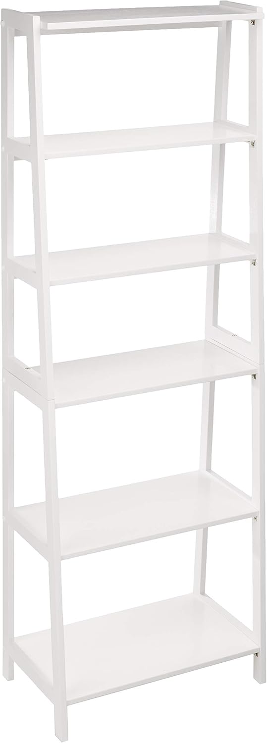 Amazon Basics 5-Tier Sturdy Rubberwood Ladder Bookshelf, Freestanding Storage Organizer Bookcase, Display Shelf for Small Space, White, 25.98" W x 74.48" H x 15.03" D