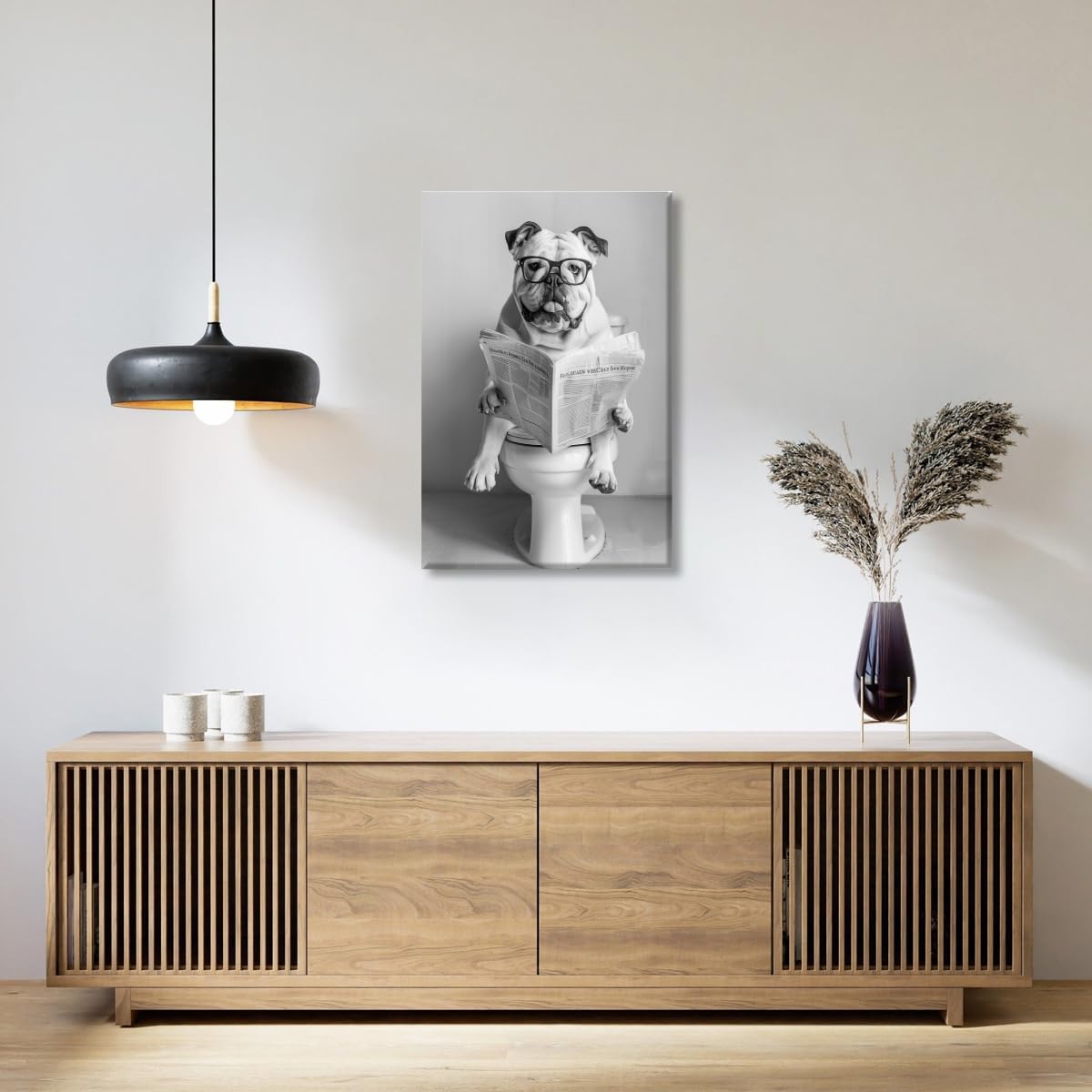 Funny Bathroom Wall Art Pitbull Sitting on Toilet Reading Newspaper Poster Black and White Animal Aesthetic Canvas Prints for Living Room Bedroom Wall Decor12x18inch Unframed