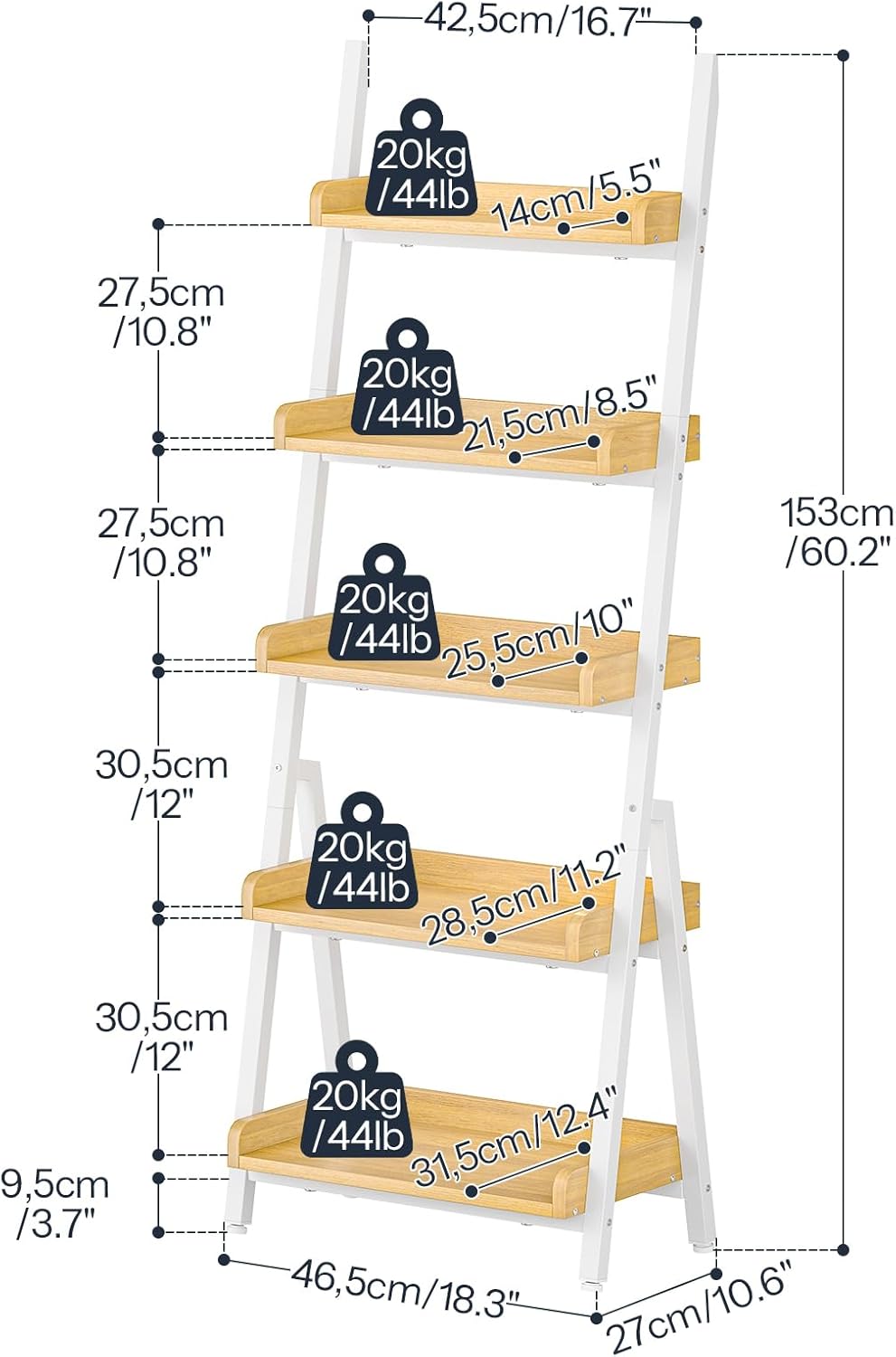 HOOBRO Small Bookcase, Ladder Shelf, 5-Tier Wall-Leaning Shelf, Freestanding Storage Rack, Display Stand, for Living Room, Home Office, Balcony, Bedroom, White and Natural WN151CJ01