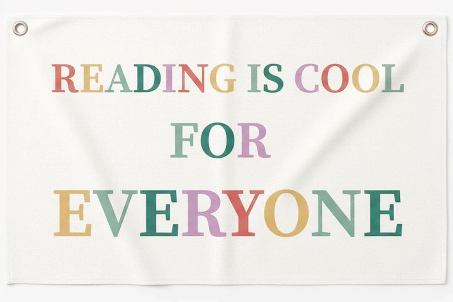 Canvas Wall Hanging Banner Decor (30"L x 20"W), "READING IS COOL FOR EVERYONE" Inspirational Fabric Sign, Boho Minimalist Wall Art with Metal Grommets for Library, Classroom, Studio & Home Office