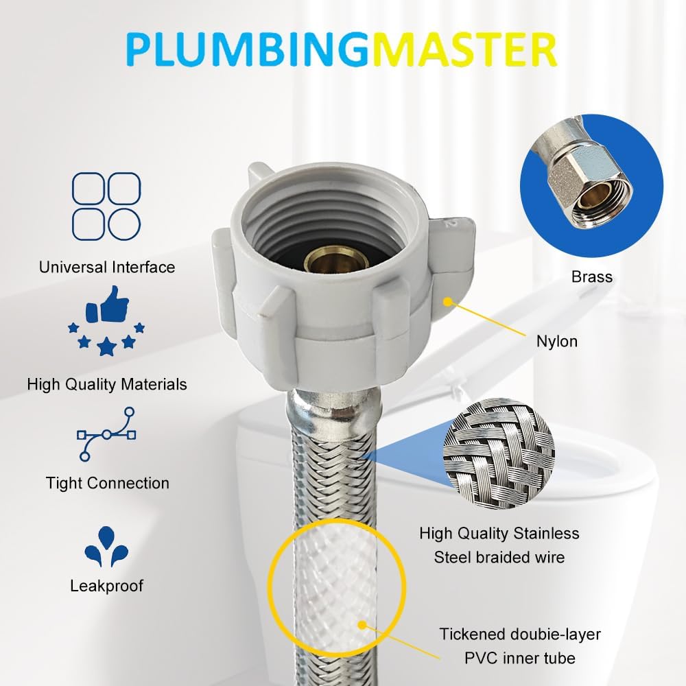 (6pcs 12 inch) PLUMBINGMASTER Toilet Water Supply Line,3/8" Comp x 7/8" BC Braided Stainless Steel Toilet Supply Line,Toilet Connector Hose with Anti-Leaking Brass Nut