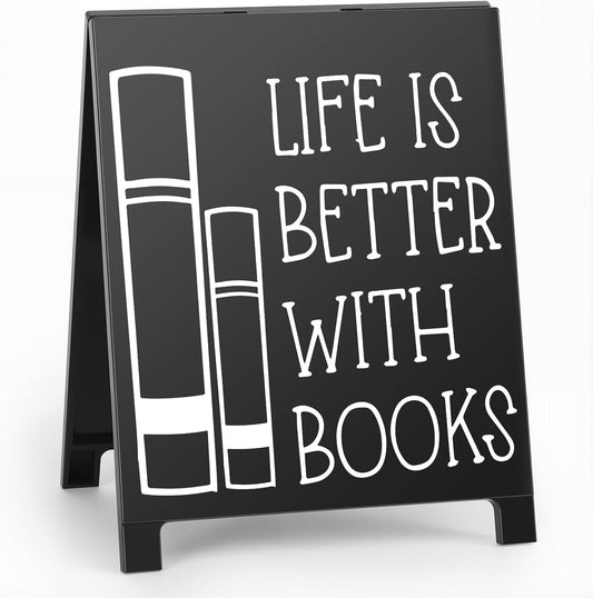 Life Is Better With Books Desk Decor Sign Retro Bookstore Table Display for Home Office Reading Nook Library Bookshelf Christmas Gift for Readers Nerd Bookworms Librarians