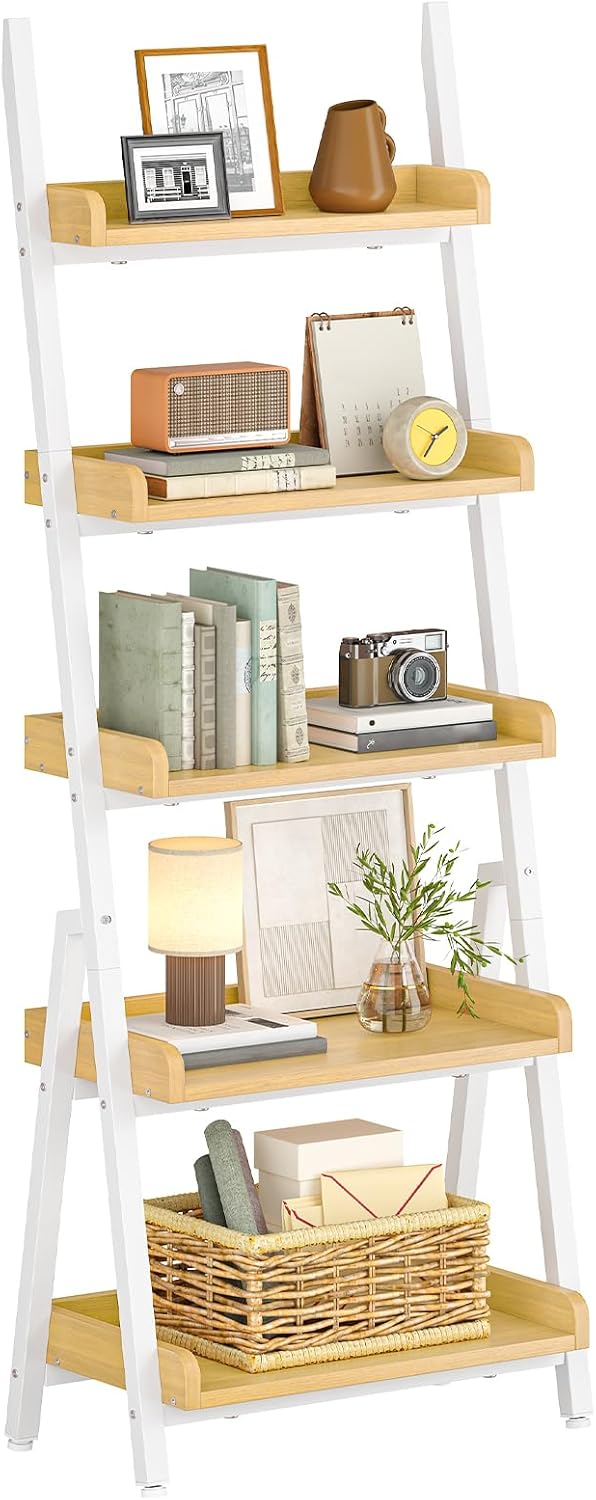 HOOBRO Small Bookcase, Ladder Shelf, 5-Tier Wall-Leaning Shelf, Freestanding Storage Rack, Display Stand, for Living Room, Home Office, Balcony, Bedroom, White and Natural WN151CJ01