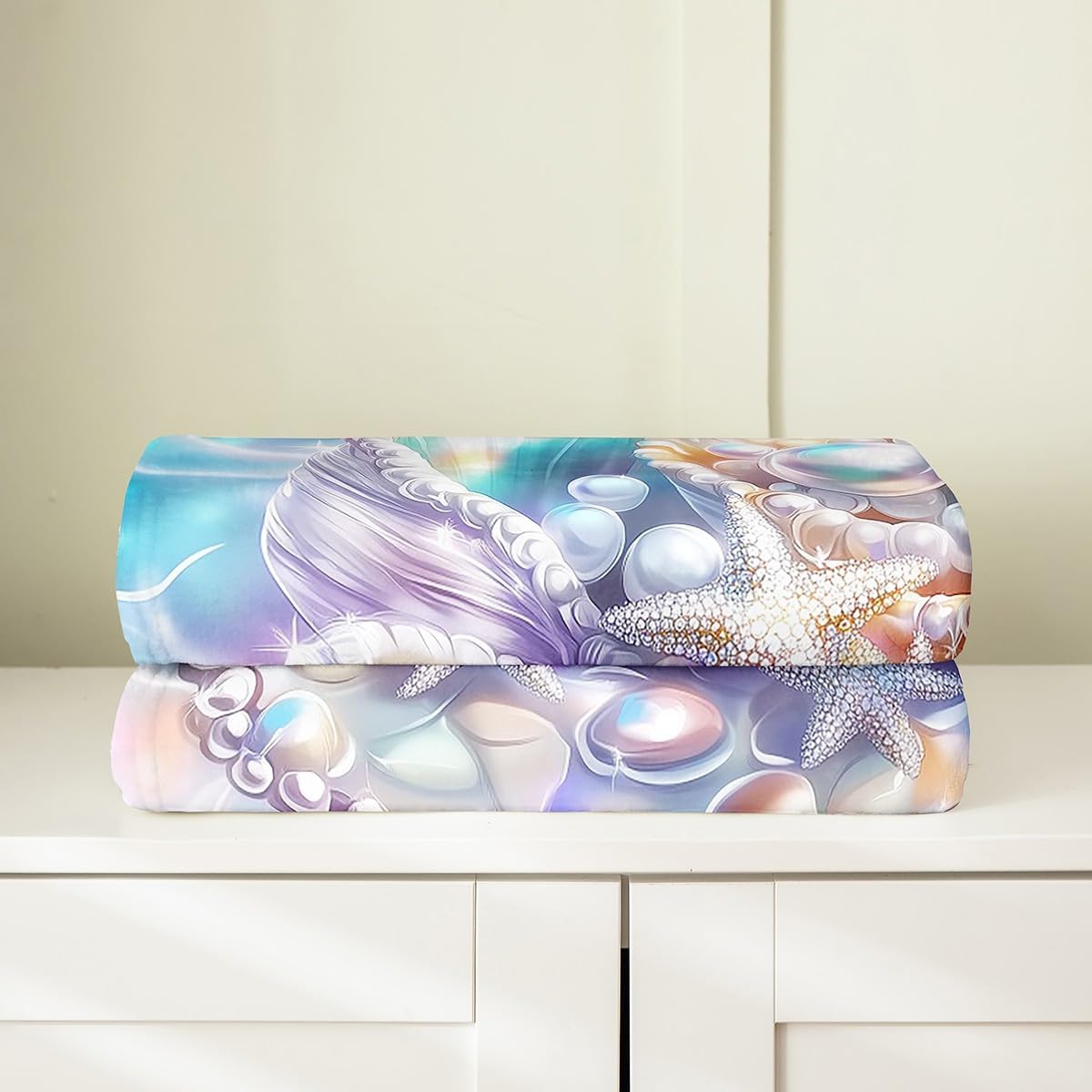 Starfish Pearl Shell Conch Bed Blanket All Seasons,Coastal Style Flannel Blanket for Room Decor,Beach Fleece Blanket for Kids,Super Soft Blanket,Twin 60"x80"