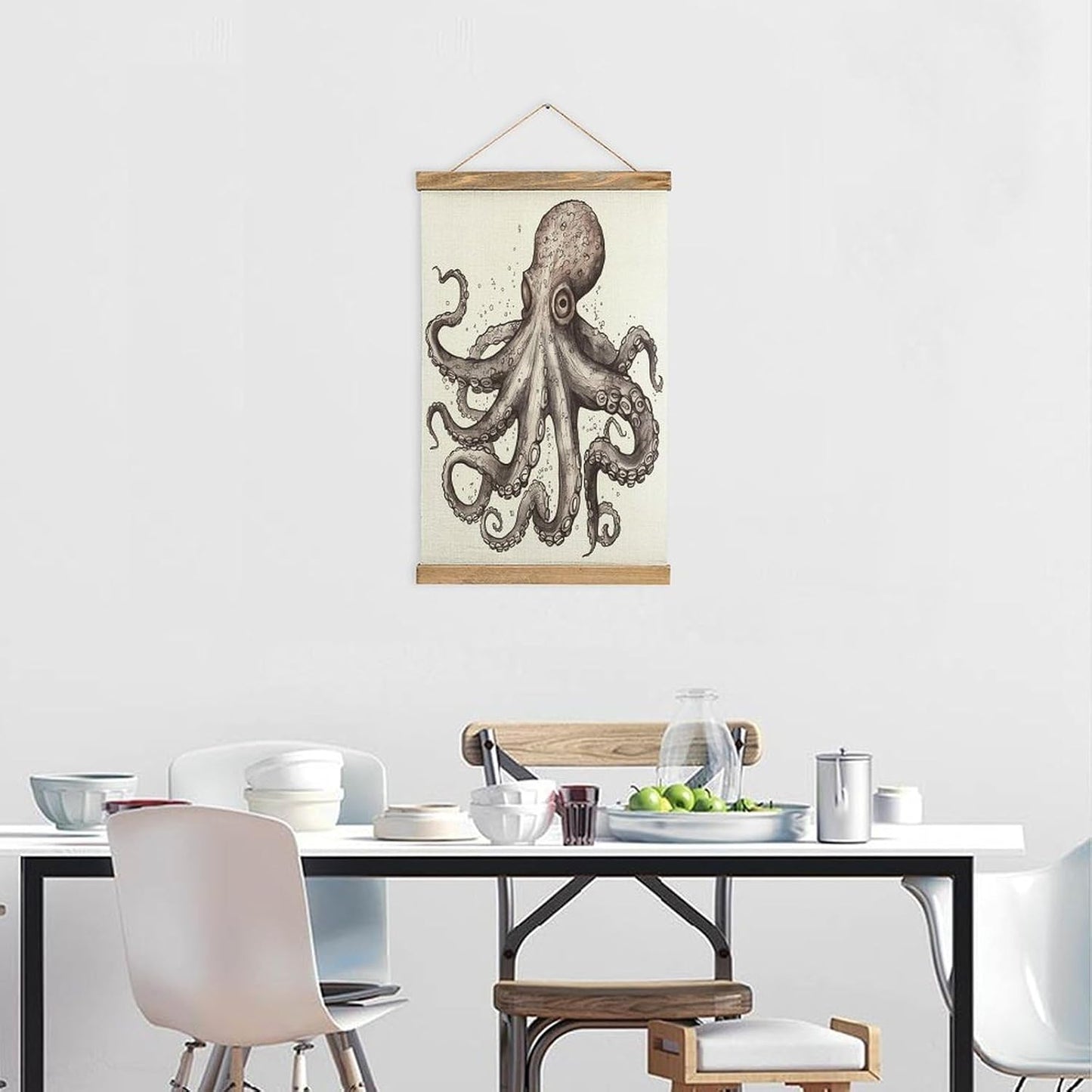 Vintage Octopus Poster with Wooden Frame Personalized Linen Hanging Scroll Painting Rustic Wall Hanging Illustrative Modern Artwork Decor for Home Living Room Bedroom Office