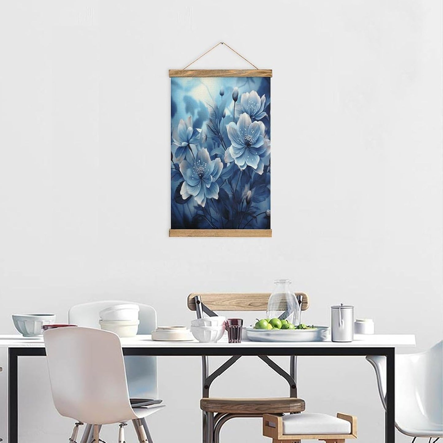 Vintage Blooming Blue Flowers Poster with Wooden Frame Personalized Linen Hanging Scroll Painting Rustic Wall Hanging Illustrative Modern Artwork Decor for Home Living Room Bedroom Office