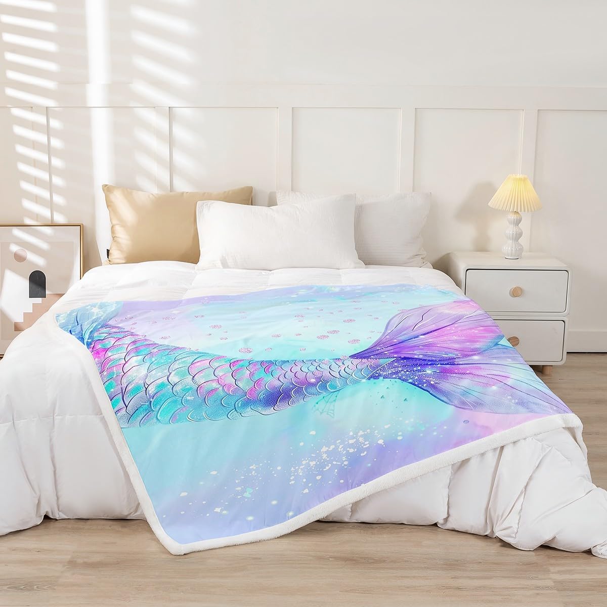 Mermaid Tail Bed Blanket,Blue Purple Mermaid Scale Paint Flannel Blanket for Room Decor,Fantasy Fairy Tale Tie Dye Princess Style Fleece Blanket for Kids,Super Soft Blanket,Throw 50"x60"