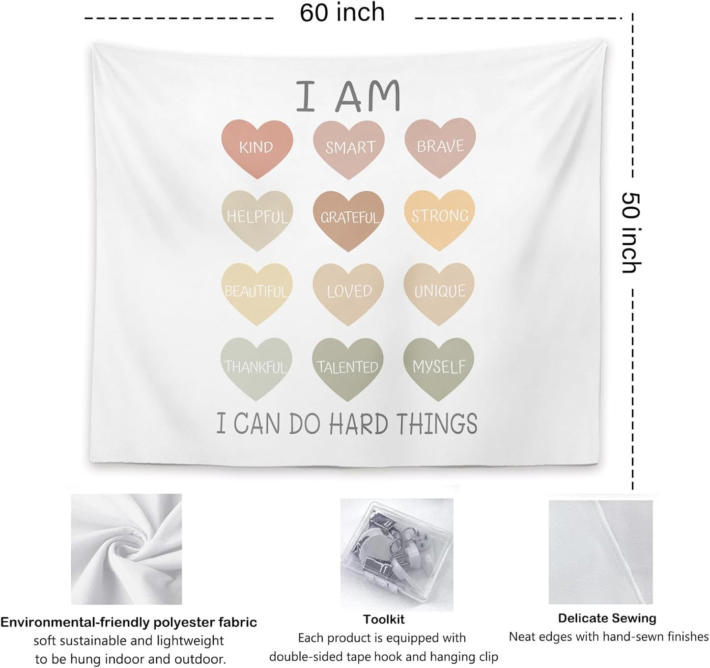 OXW Classroom Decor Kids Tapestry Wall Hanging, Playroom Wall Decor, Nursery Wall Decor for Kids, Classroom Nursery Tapestry, I Am Kind I Am Brave Wall Art, 50x60 inches