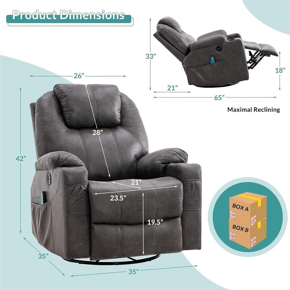 Power Recliner Chair with Massage & Heat, 360° Swivel Lounge Recliner with USB Ports & Cup Holders, Ergonomic Glider Rocking Recliner, Home Theater Seating for Living Room
