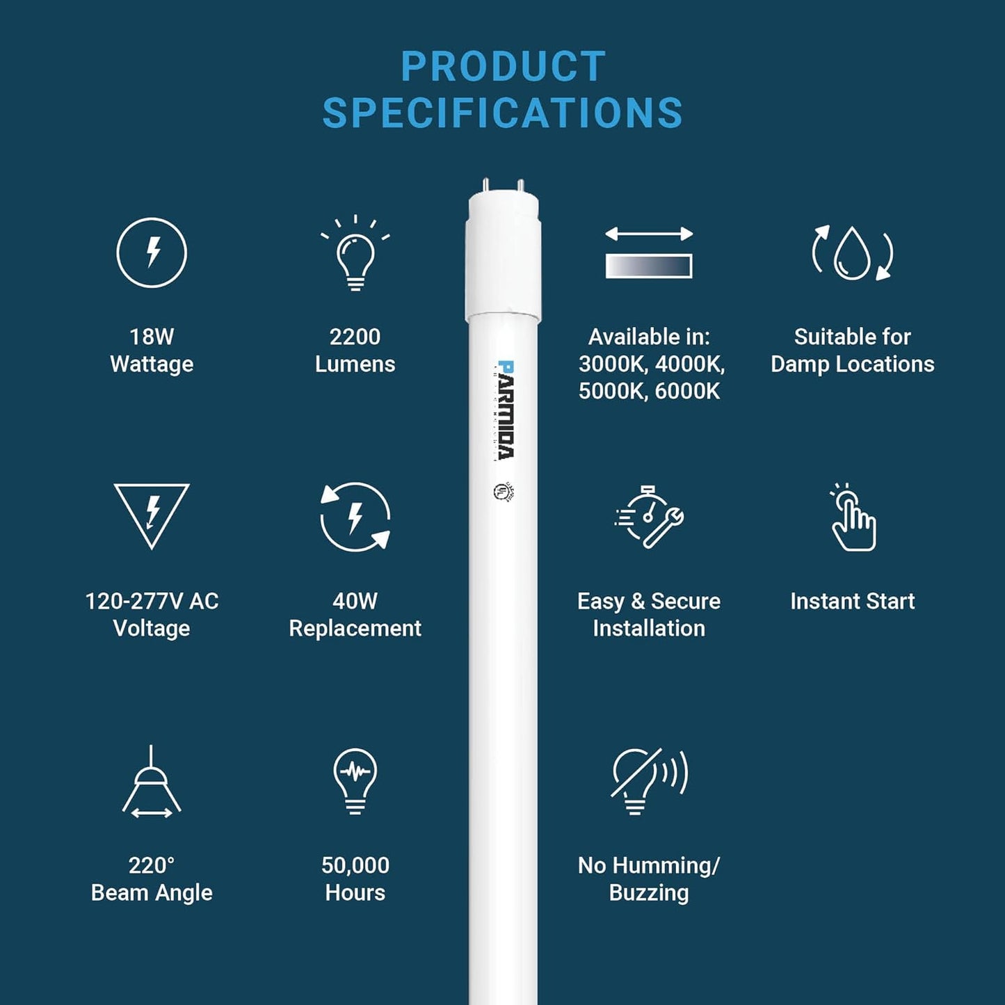 PARMIDA 20-Pack 4FT LED T8 Hybrid Type A+B Light Tube, 18W, Plug & Play or Ballast Bypass, Single-Ended OR Double-Ended Connection, 2200lm, Frosted Cover, T8 T10 T12, UL - 5000K