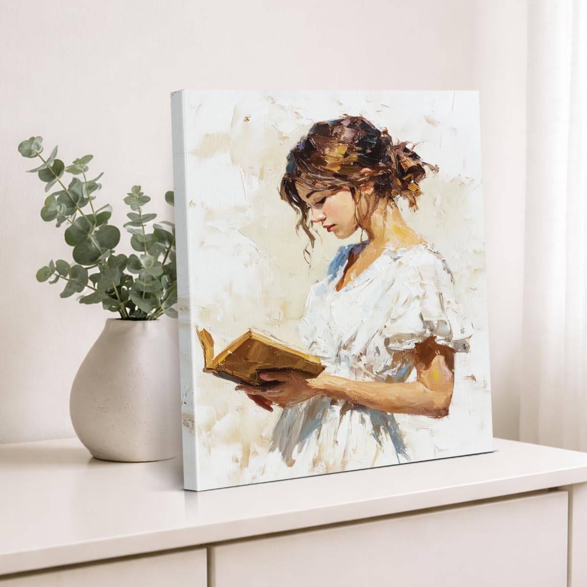 Vintage Reading Woman Wall Art Elegant Woman Canvas Print Poster Bookish Wall Decor for Home Reading Nook Living Room 11x15 Inch Framed