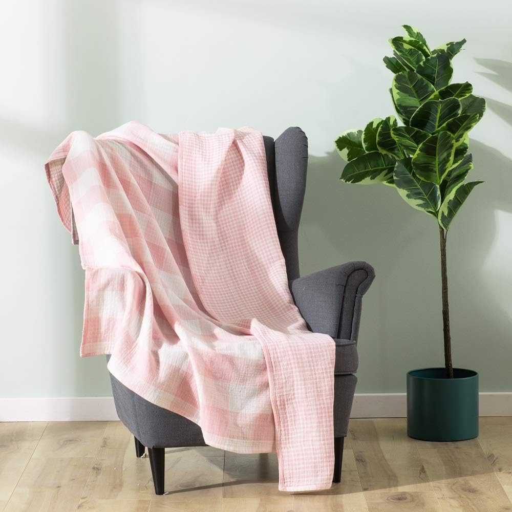 Cotton Muslin Throw Blanket with Buffalo Check Pattern, Vintage Indoor and Outdoor Use, Reversible and Breathable Fabric for Yard Picnics, 47" x 60" Bedding or Chair Cover, Pink