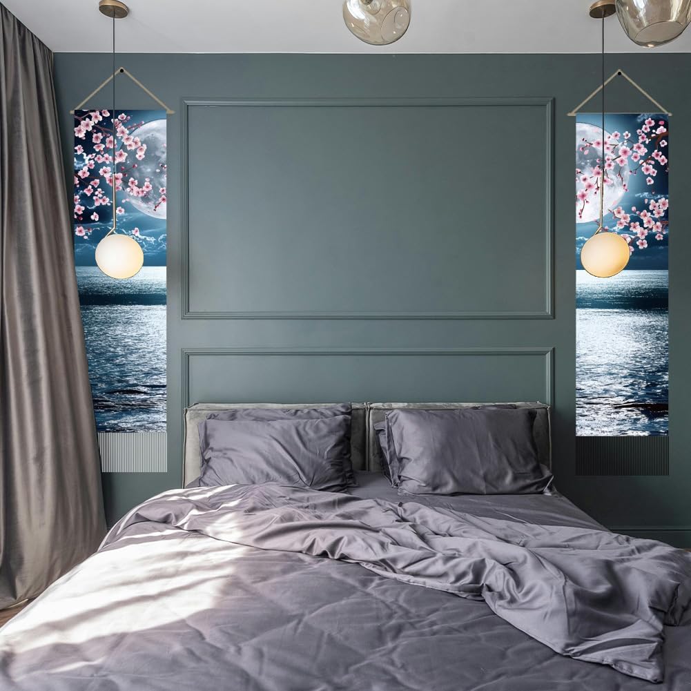 AHANDMAKER 2Pcs Japanese Anime Scenery Tapestry, Ocean Moon Cherry Blossom Vertical Wall Hanging, Tassel Wall Aesthetic Tapestry for the Living Room, Wall Decor Entry(45.7x13 Inch)