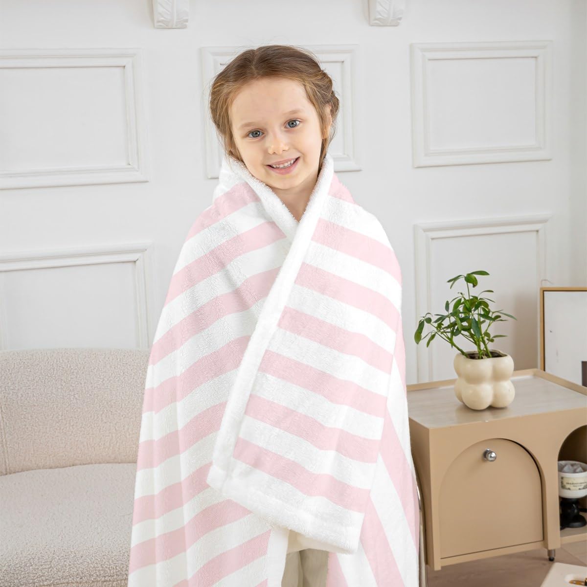 Feelyou White Pink Striped Throw Blanket Striped Soft Fleece Sherpa Cozy Fuzzy Plush Warm Geometric Fuzzy Plush Throw Basic Simple Throw 50"x60" for Bed Couch Living Room