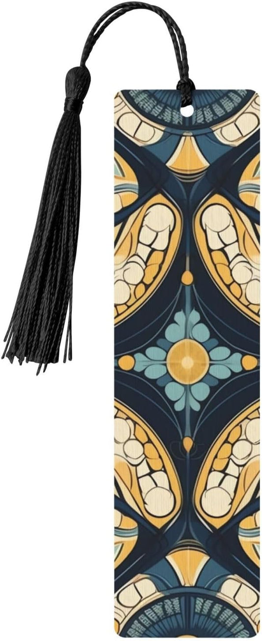 Oblate Pattern Bookmarks Gifts for Women Men, Wooden Bookmarks for Book Lovers, Vintage Book Marks Ornaments with Tassel, Unique Personalized Reading Page Markers Black