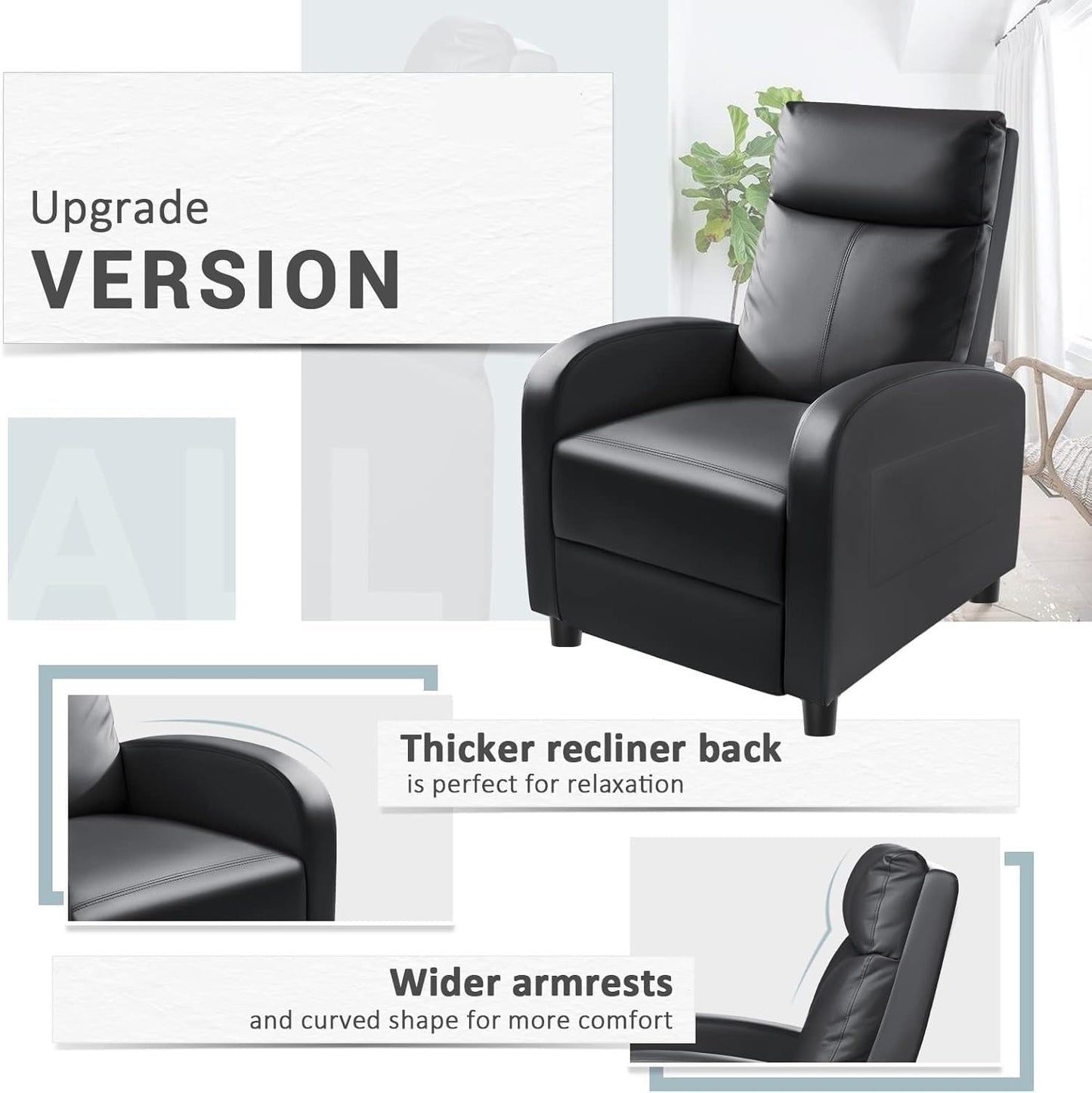Leather Recliner Chair with Wider Armrests Lumbar Support Reclining Sofa Chairs for Adults Long Hours Sitting Living Room Home Theater Seating