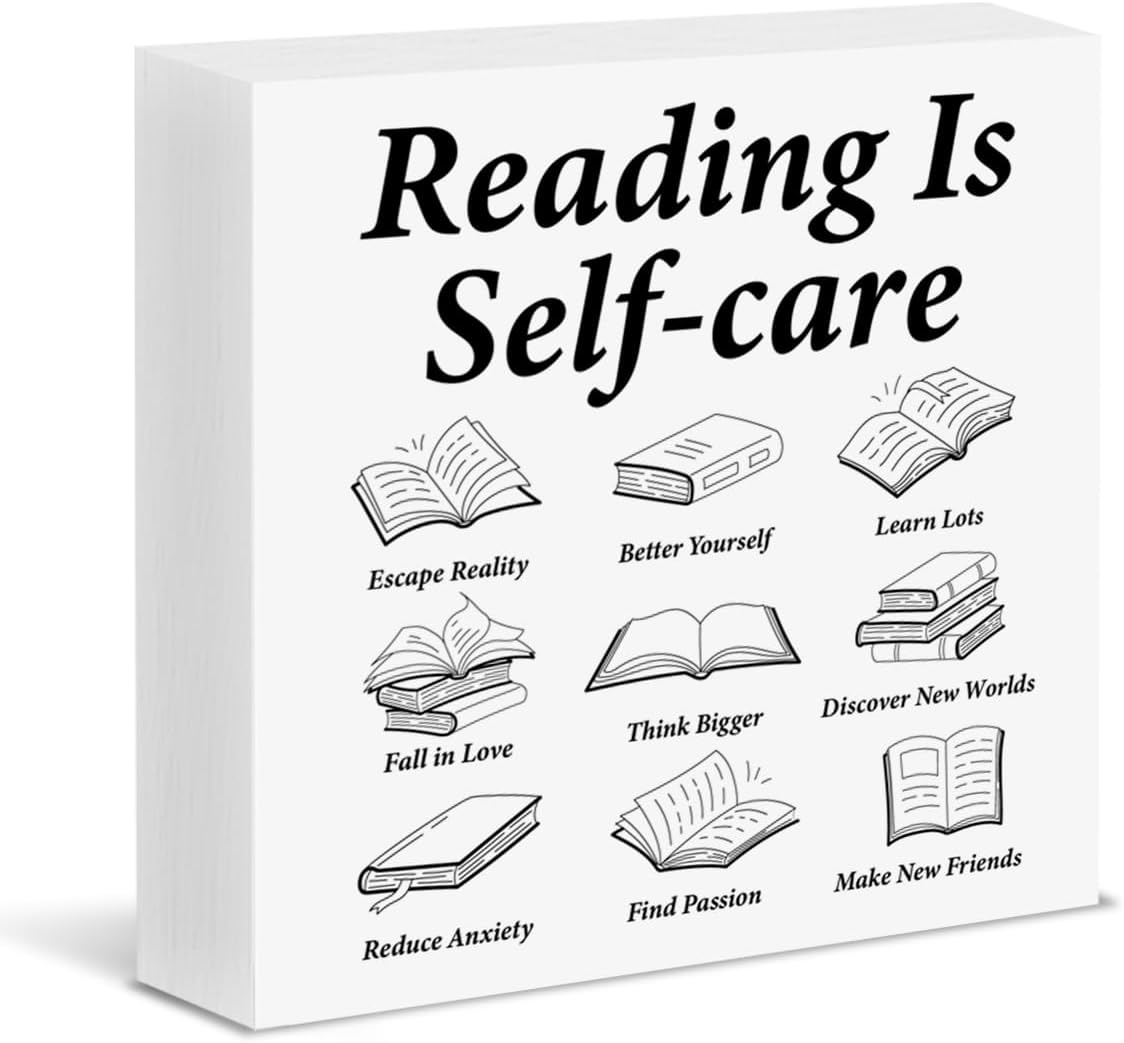 Inspirational Read Box Sign Reading Is Self Care Wood Block Sign Home Reading Nook Room Library Decor, Book Lover Bookish Gifts