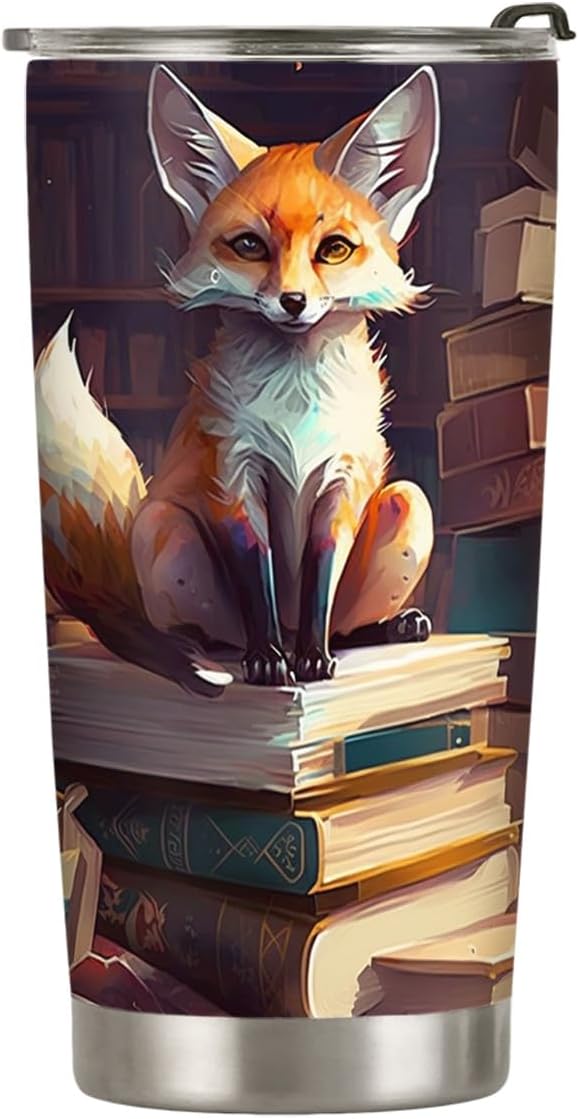 20oz Book Fox Tumbler, Librarian, Reading Gifts for Fox Lovers, Anniversary, Birthday Gifts, Coffee Tumbler for Women, Stainless Steel Double Wall Vacuum Insulated Coffee Mug, Travel Cup with Lid