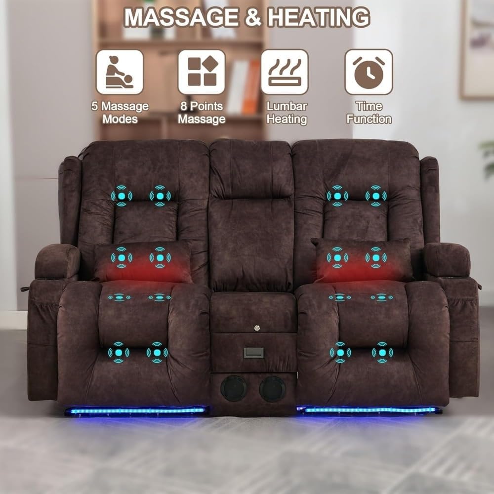 Adults Massage Recliner Chair, Leisure Home Theater Seating Sofa with Massage and Heated, Ergonomic Leisure Chair Classic Loveseat Sofa with LED Lights, Cup Holder, USB Ports