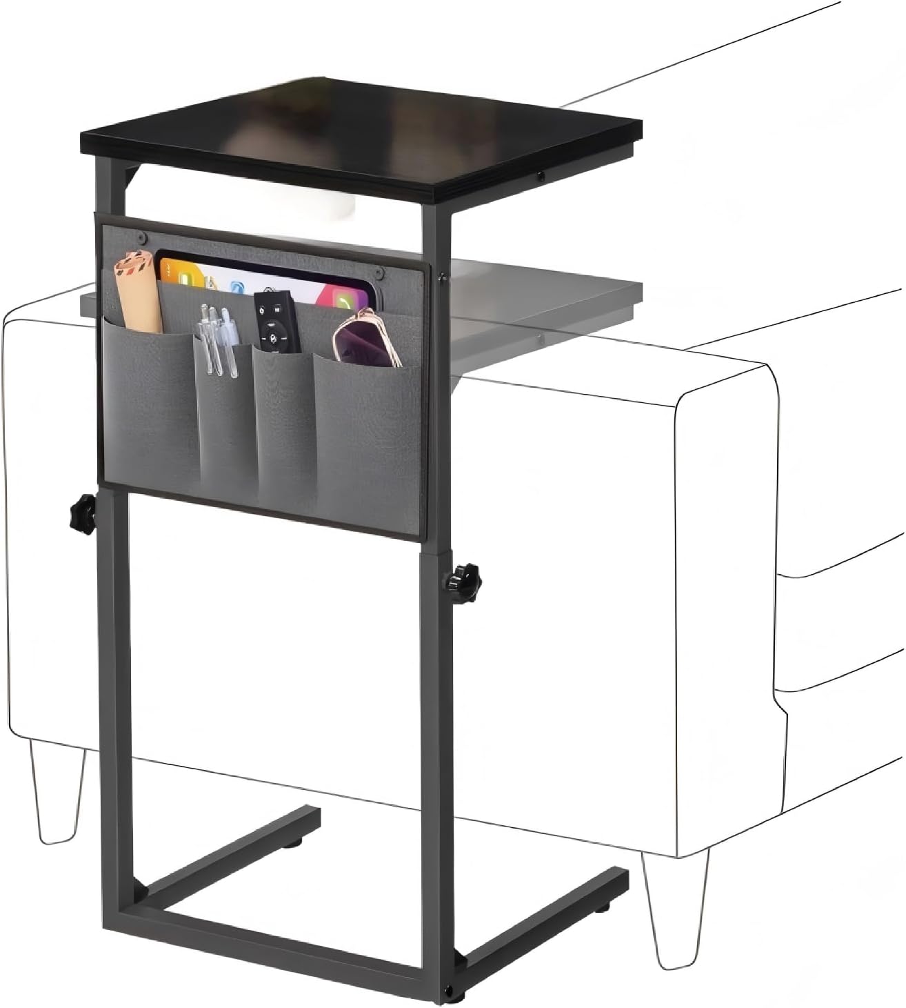 HOOBRO C Shaped End Table, Adjustable Side Table for Sofa, Couch Table that Slide Under, Small Table with Storage Pockets, for Living Room, Bedroom, Black BB77SF01