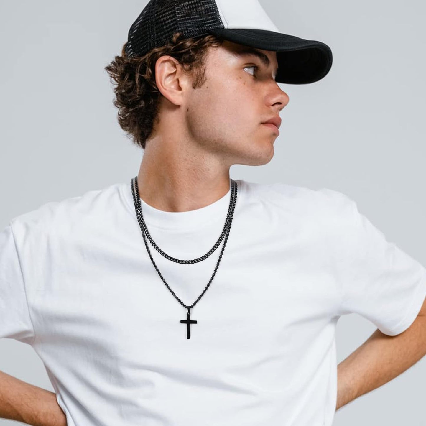 Yooblue Easter Basket Stuffers - Cross Necklace for Men, Gold Black Silver Mens Cross Necklaces Stainless Steel Cross Pendant Necklace Simple Jewelry Gifts Cross Chain Necklaces for Men