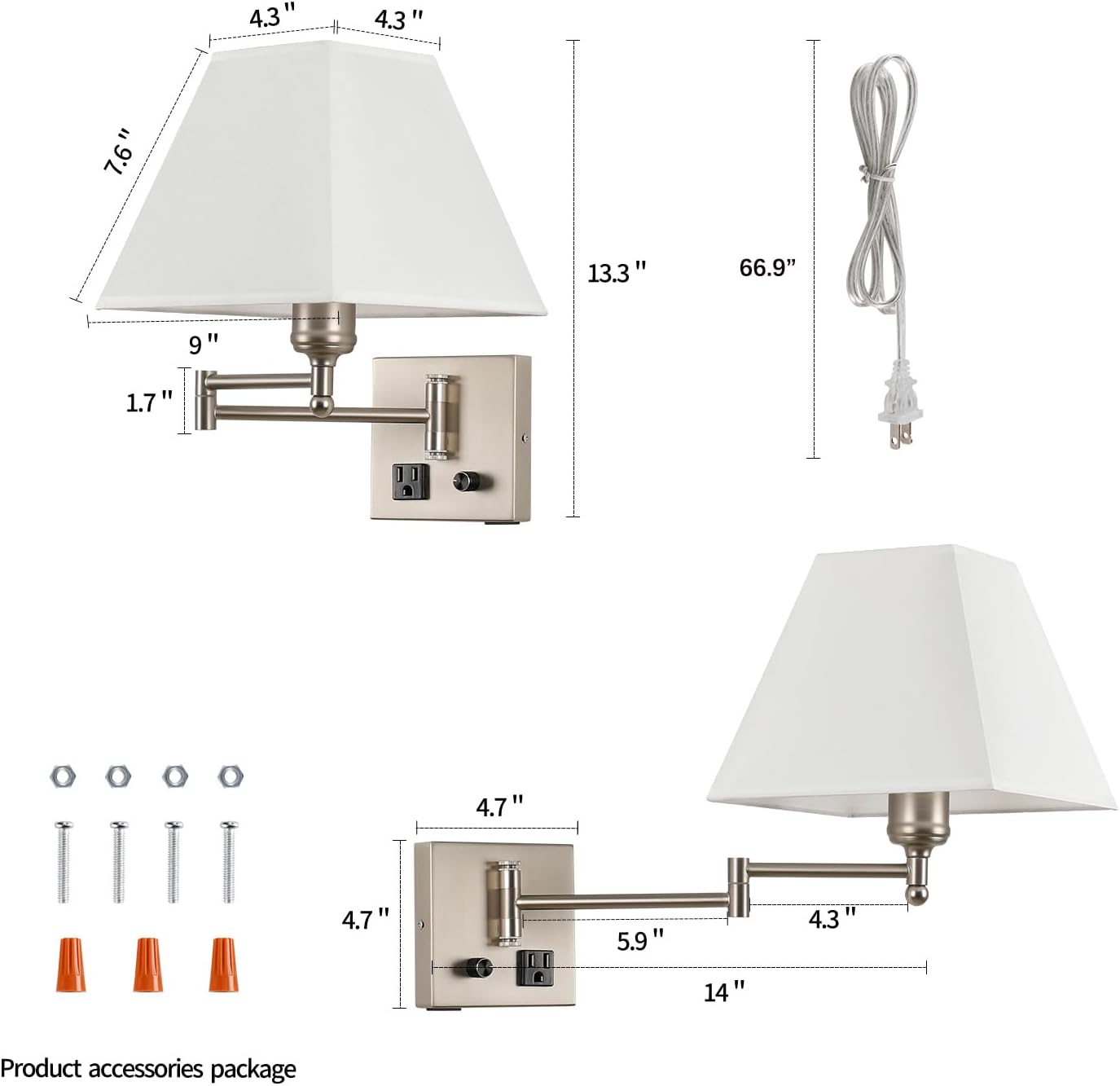 Plug in Wall Light,Swing Arm Wall Sconces with USB Port and Outlet,Wall Lamp with White Fabric Shade Dimmable Switch for Bedroom, Living Room , Office Nickel