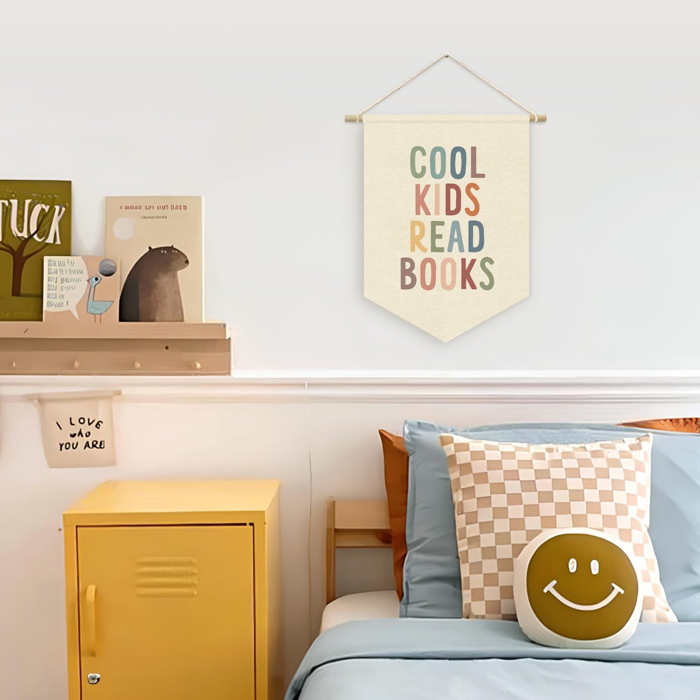 Cool Kids Read Books Reading Room Decor - Boho Rainbow Canvas Banner Flag Decor for Kids Nursery Toddler Reading Corner Nook Classroom Library, Wall Hanging Pennant Flag Banner 15x11in