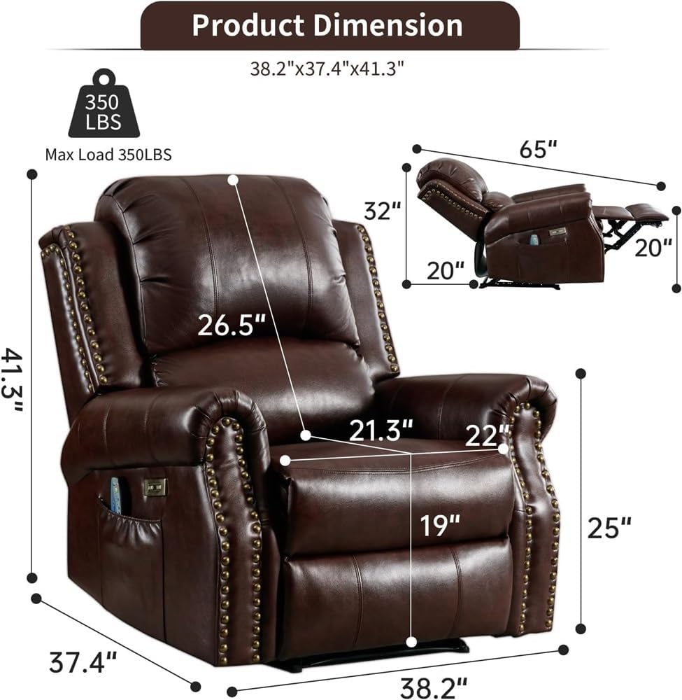Power Lift Recliner Chair with Massage and Heat Electric Recliner Sofa with USB Ports Overstuffed Comfort Faux Leather Upholstery Caramel Brown Living Room Furniture