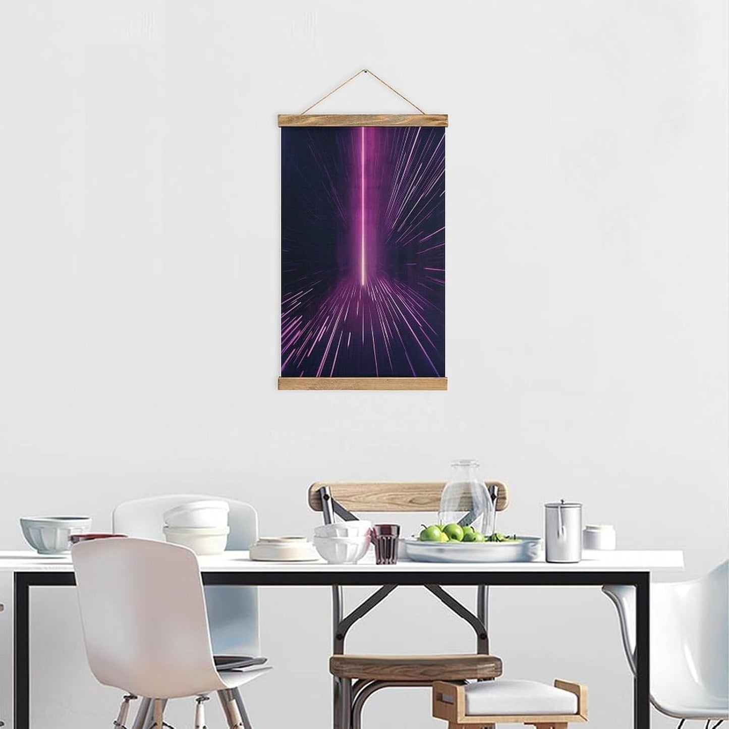 Vintage Purple Rays Poster with Wooden Frame Personalized Linen Hanging Scroll Painting Rustic Wall Hanging Illustrative Modern Artwork Decor for Home Living Room Bedroom Office