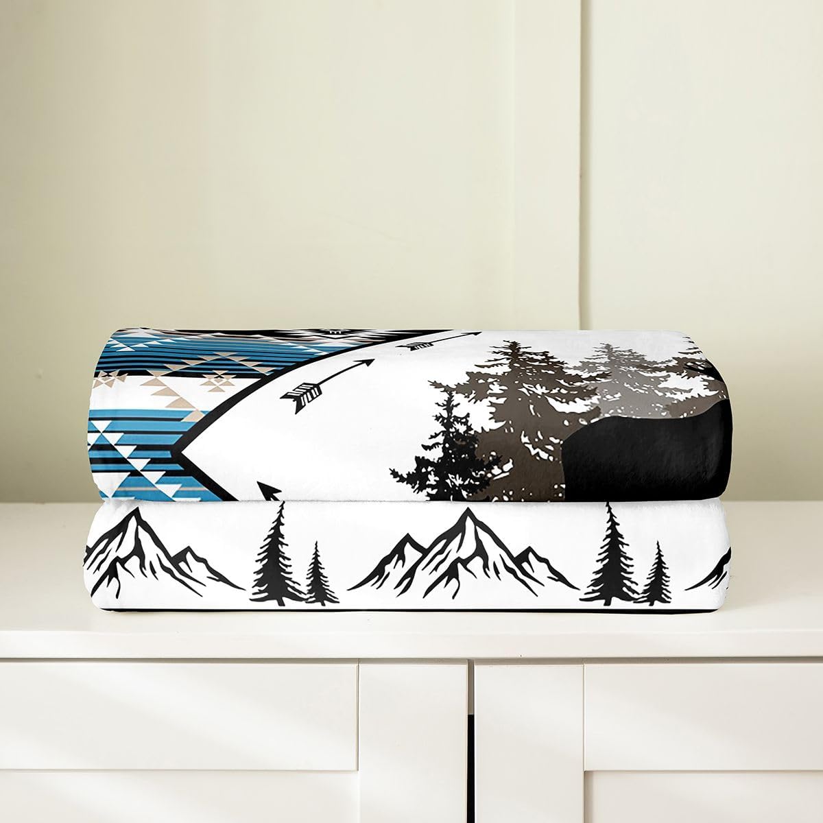Feelyou Moose Flannel Fleece Throw Blanket Western Queen 90"x90" Southwestern Aztec Fleece Throw Blanket for Kids Women Men Wild Animals for Bed Couch Chair Living Room Blue Black Bedroom Decor