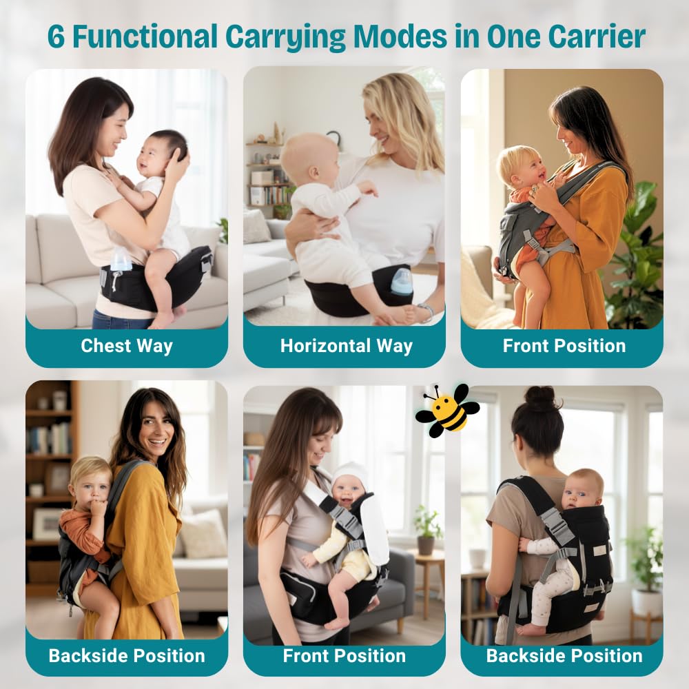6 in 1 Hip Carrier for Baby - Easy to Wear Ergonomic Front Facing Baby Carrier with Hip Seat for 7–44 lbs - Baby Harness with Back Support, Breathable & Adjustable for Comfortable Travel - Black