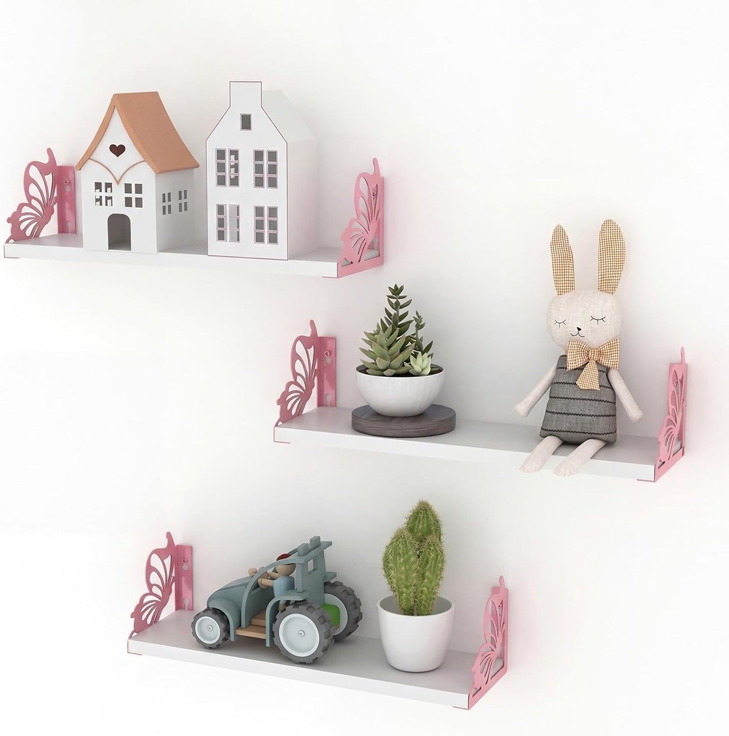 Hoikwo 3 Pack Butterfly Wall Shelves, White Pink Floating Book Shelves, for Mother, Mom, Women, Girls, for Preppy Room Decor, Living Room, Bedroom Decor Aesthetic