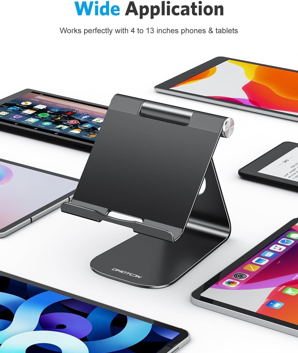 OMOTON Tablet Stand Holder Adjustable, T1 Desktop Aluminum Tablet Dock Cradle Compatible with iPad Air/Mini/Pro 11/12.9, iPad 10.2/9.7, Samsung Tab and More, Black