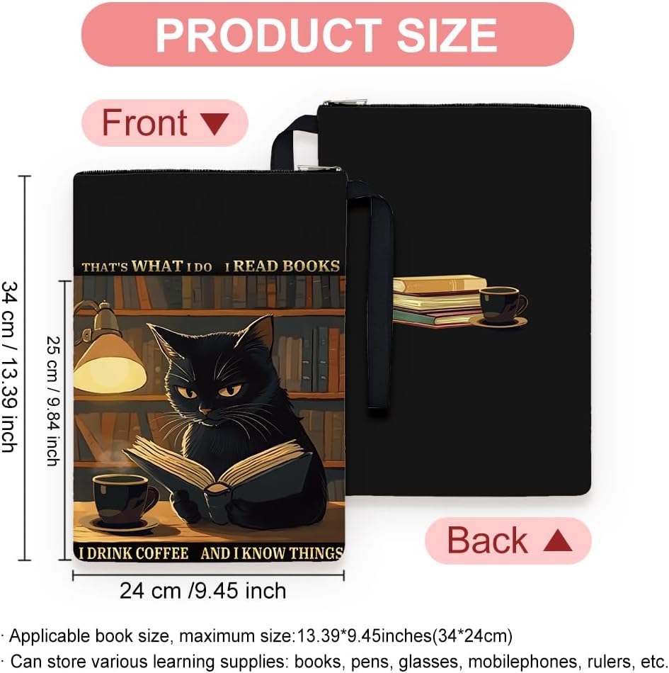 1pc Paperbacks Book Covers 13.4x9.45 inch Black Cat Book Pouches Book Sleeve with Zipper and Front Pocket Animals Bookish Book Protectors for Students Teachers