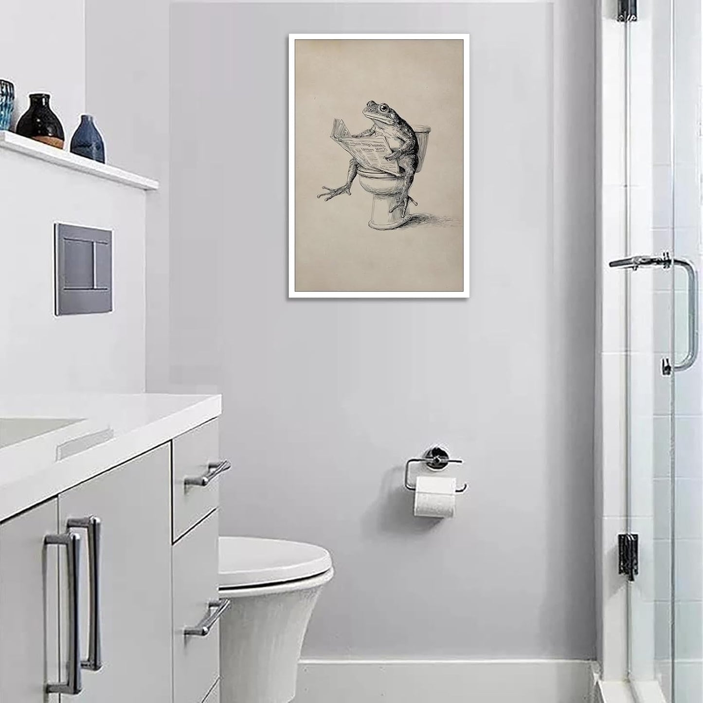 Funny Bathroom Animal Poster Frog Reading Newspaper On Toilet Wall Art Whimsical Quirky Sketch Artwork Aesthetic Prints Painting For Apartment Bathroom Restroom Wall Decor 12x16in Unframed