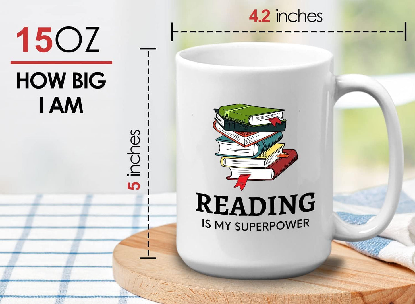 Bubble Hugs Book Lover Coffee Mug 15oz White - Reading Is My Superpower B - Reading Owl Reader Stack of Books Book Lover Bookish Novelist Librarian Writer