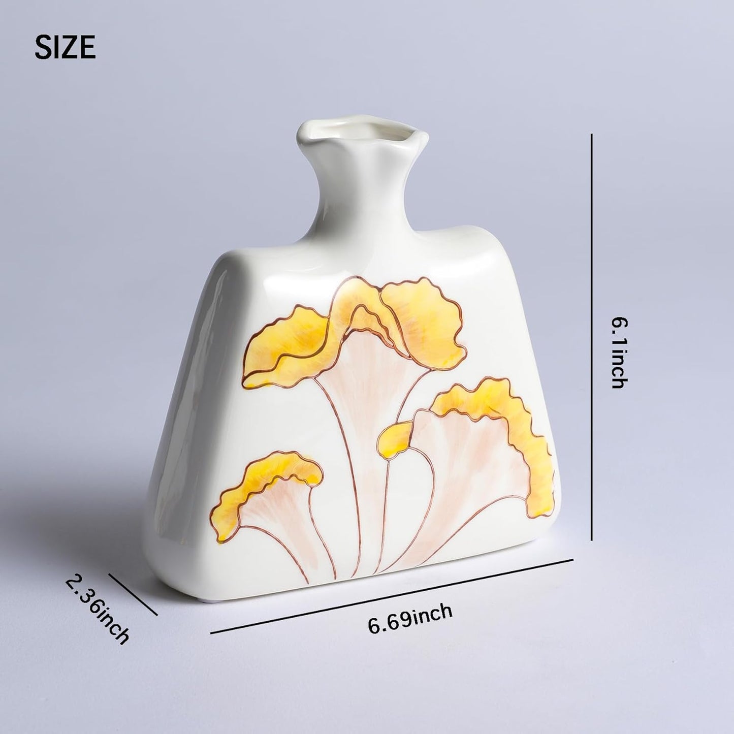 Modern Ceramic Flat Vase - 6.1" Small Decorative Flower Vase with Yellow Botanical Pattern - Boho Minimalist Home Decor for Bookshelf, Mantle & Desk