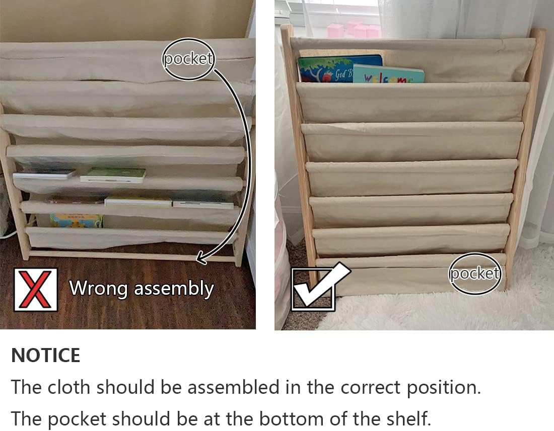 Sling Bookshelf Kids Book Rack Storage, Natural Beige (Beige, W:60cm)