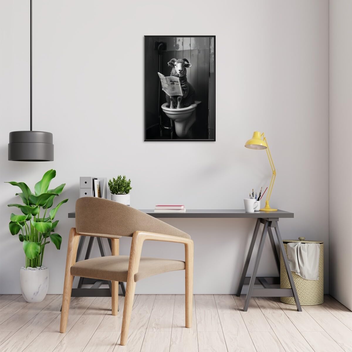 Black and White Animal wall art Funny Bathroom wall decor Sheep Sitting on Toilet Reading Newspaper Canvas Print poster Room decoration aesthetics for Rustic Farmhouse Restroom black framed8x12inch