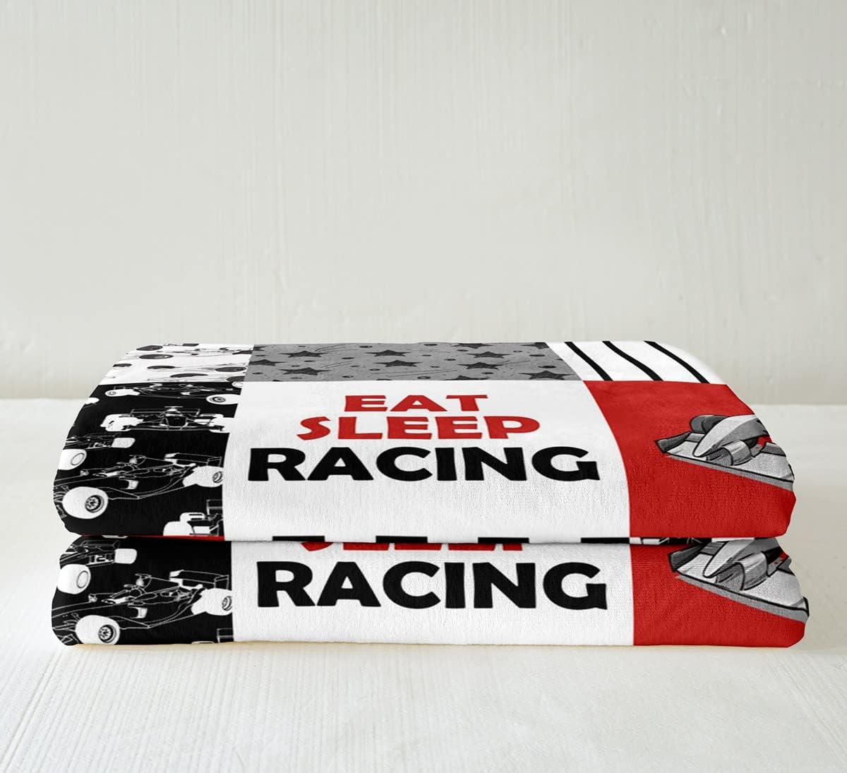 Race Car Fuzzy Blanket Racing Vehicle Speed Games Throw Blanket Extreme Sports Fleece Blanket for Boys Men Racer, Racing Checkered Patchwork Theme Flannel Blanket Baby Size, Red Black White
