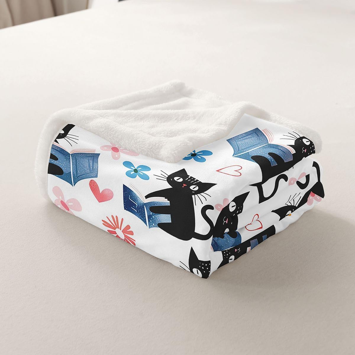 Erosebridal Kawaii Pet Cat Sherpa Blanket Black Kitten Cat Lovers Fuzzy Plush Throw Trendy Preppy Florals Fleece Blanket for Kids Adults Cute Animals Reading Aesthetic Decor for Bed Couch Twin Size
