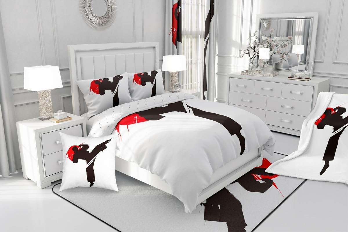 Japanese Style Sherpa Blanket Taekwondo Design Fleece Throw Blanket Black White Red Warm Plush Blanket for Sofa Couch Kids Japanese Sports Fuzzy Blanket Room Decor Throw 50"x60"