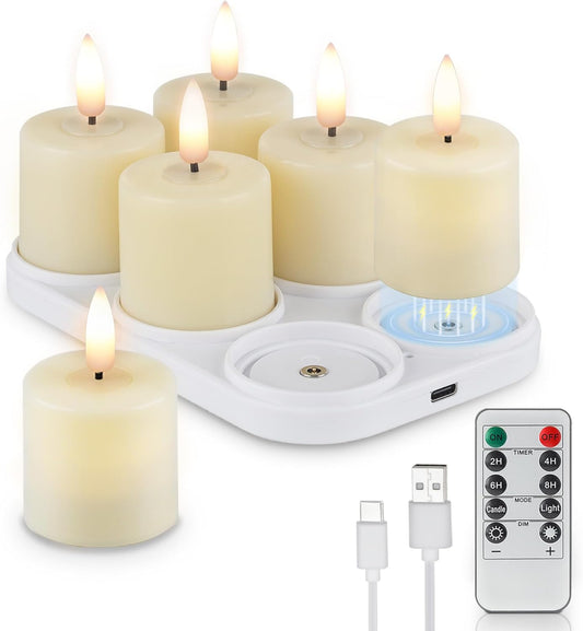 Rhytsing 6 Rechargeable Flameless Votive Candles with Timer for Home Decor, Led Faux Battery Operated Tealight Candles with Magnetic Charging Base, Type-C USB Cable, Remote Included-D1.6 X H2.7 inches