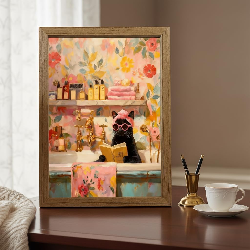 Cute Black Cat Wall Art Framed, Bathroom Cat Artwork with Flowers and Glasses, Whimsical Animal Painting Print, Aesthetic Wall Decor for Bathroom Bedroom, Ready to Hang Wood Frame, 8x10 12x16 Inch