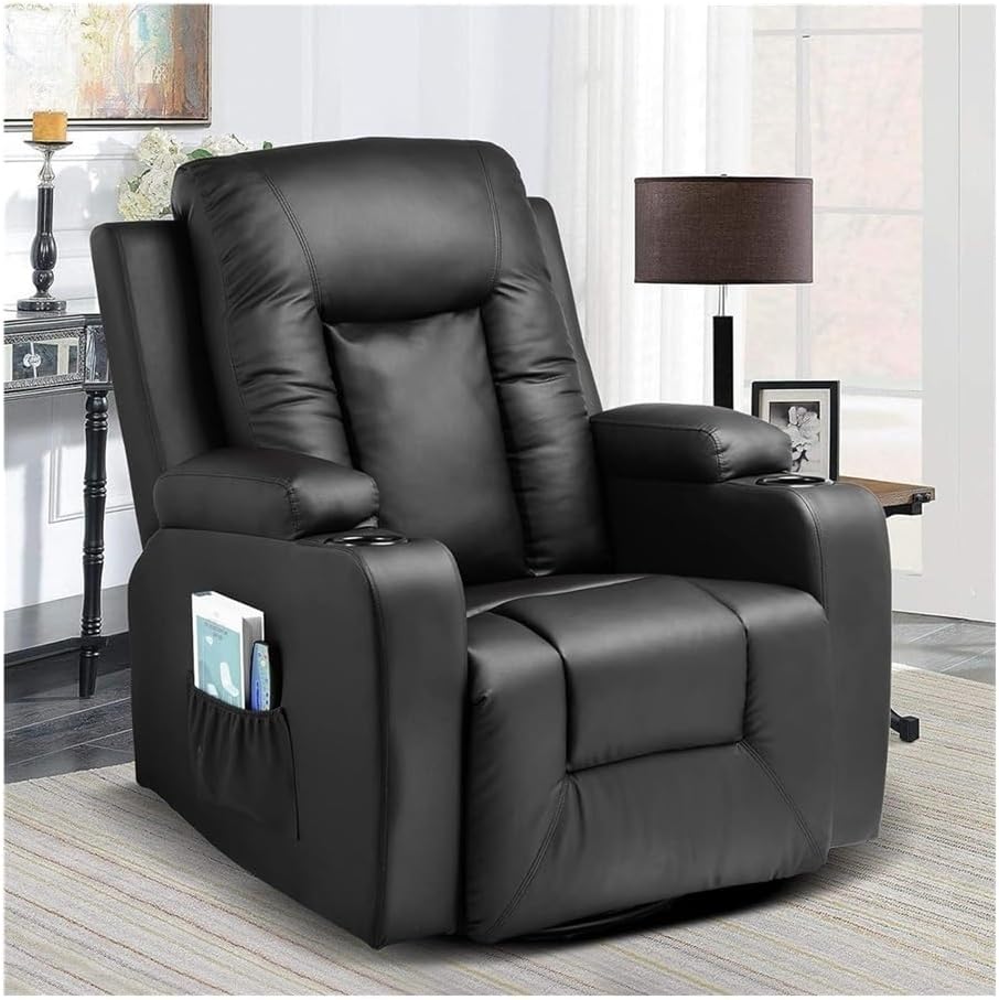 Leather Power Recliner Chair with Heat and Massage, 360° Swivel Rocker Recliner with Cup Holders, Comfortable Reclining Chair for Home Theater Seating and Living Room