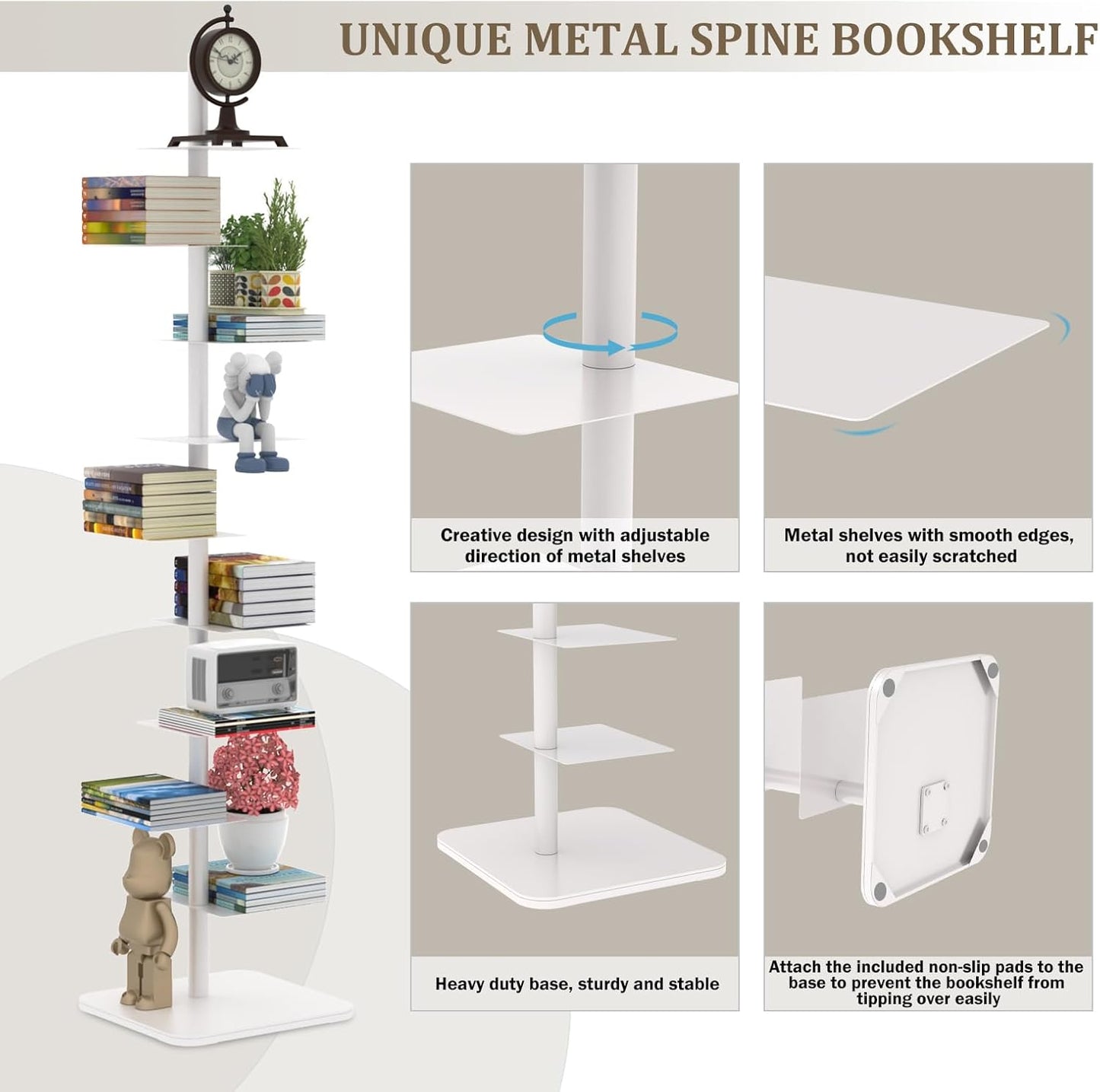 Nynelly 9-Tier Metal Spine Bookshelf - Heavy Duty Vertical Book Tower, White Open Bookcase, Floor Standing Tall Narrow Book Shelf for Small Space Living Room Office Decor, Industrial Book Organizer